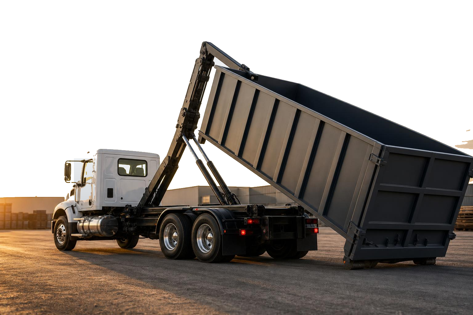 The Dumpster Rental roll-off truck lowering a steel dumpster under a bright blue sky