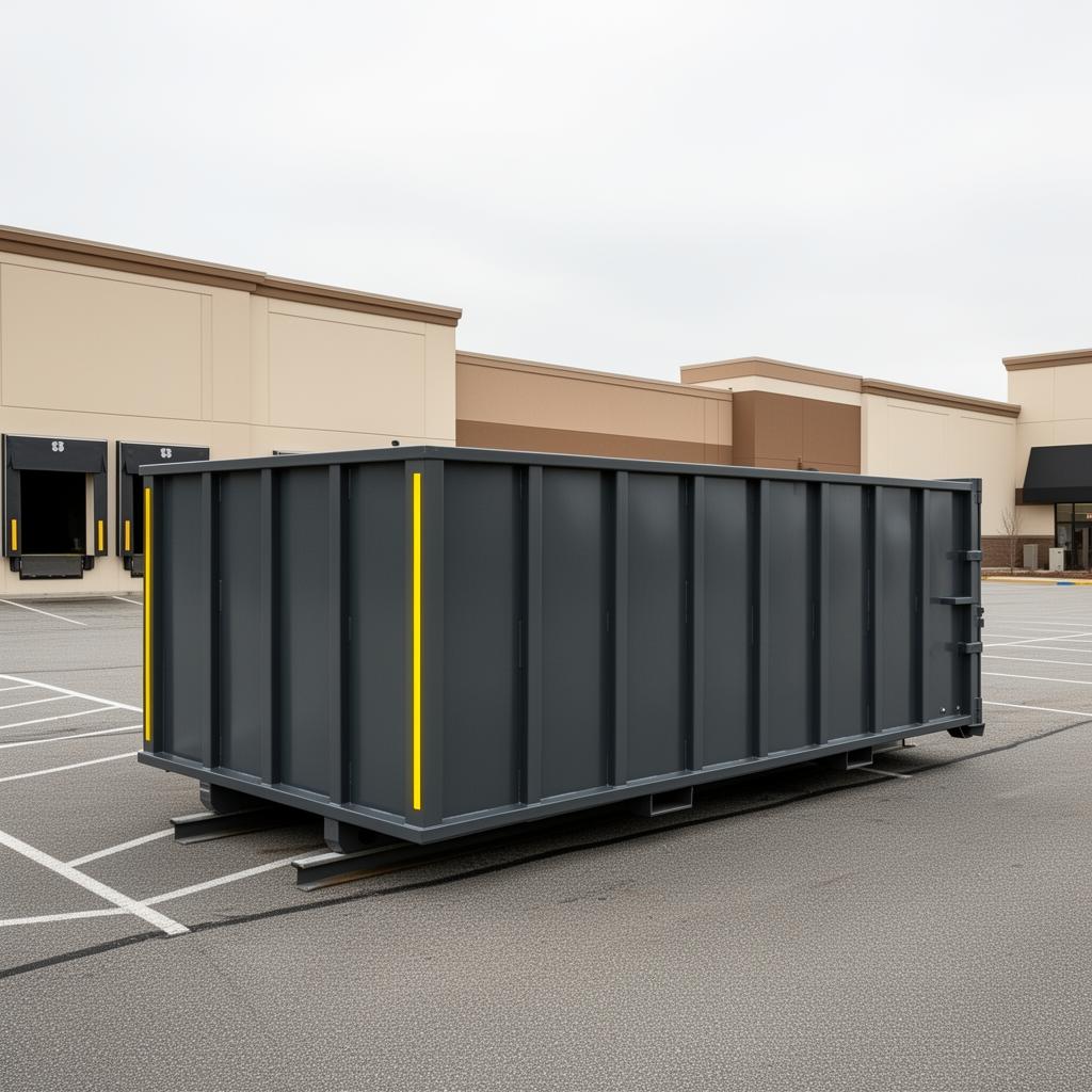 Steel commercial roll-off container at a retail loading dock