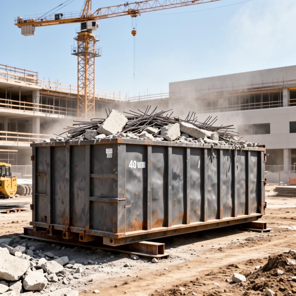 Heavy roll-off container loaded with concrete and rebar at a construction site